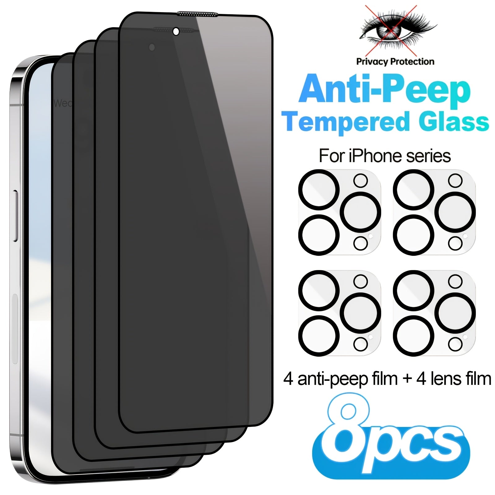 8pcs For Special Privacy Film, 4 Privacy Films 4 Lens Protectors HD Definition Front View 0.01s Lightning Touch Response 180 Protection Against Peeping, Anti Scratch, Anti-Smudge